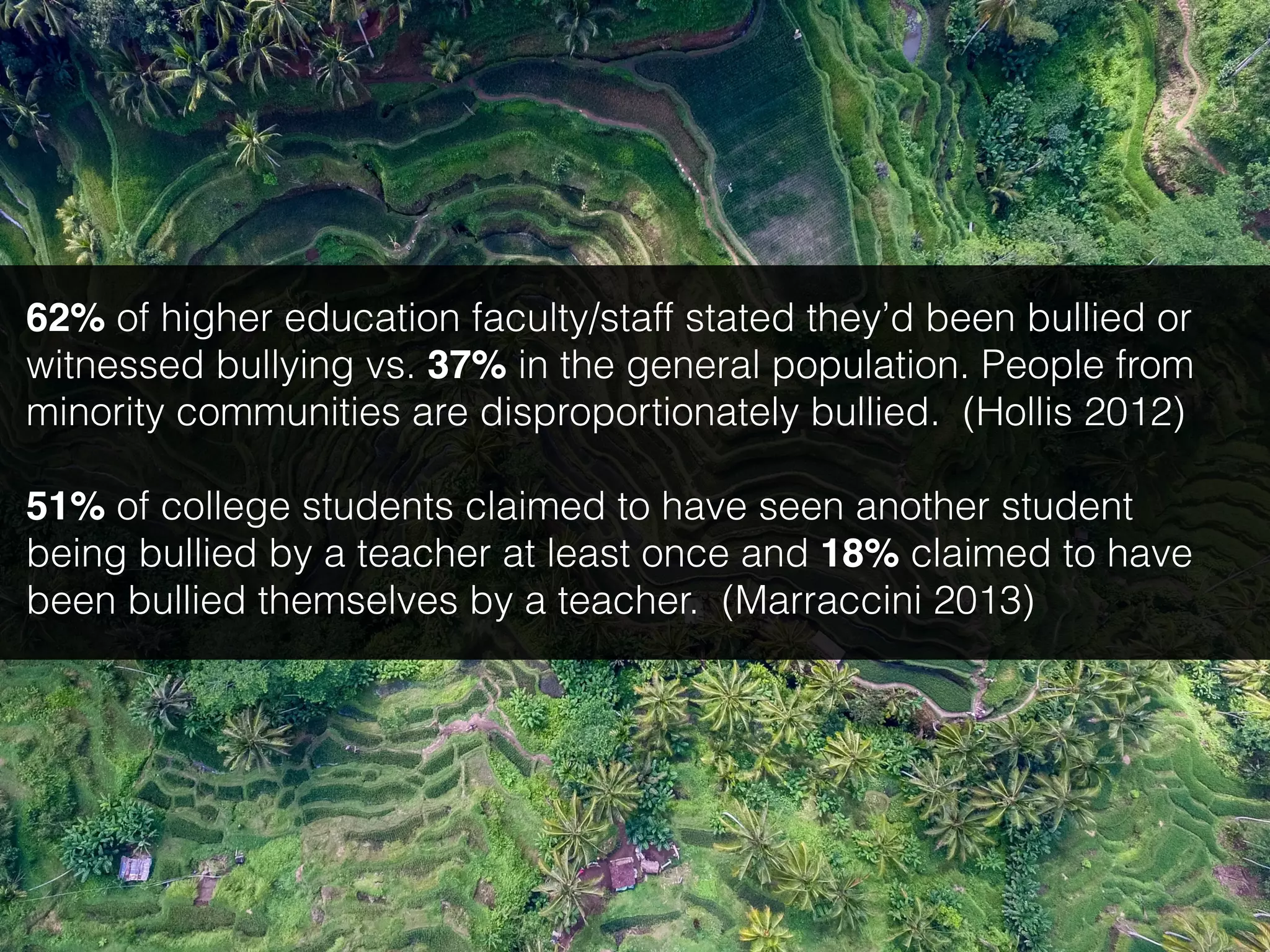 62% of higher education faculty/staff stated they’d been bullied or
witnessed bullying vs. 37% in the general population. People from
minority communities are disproportionately bullied. (Hollis 2012)
51% of college students claimed to have seen another student
being bullied by a teacher at least once and 18% claimed to have
been bullied themselves by a teacher. (Marraccini 2013)
 