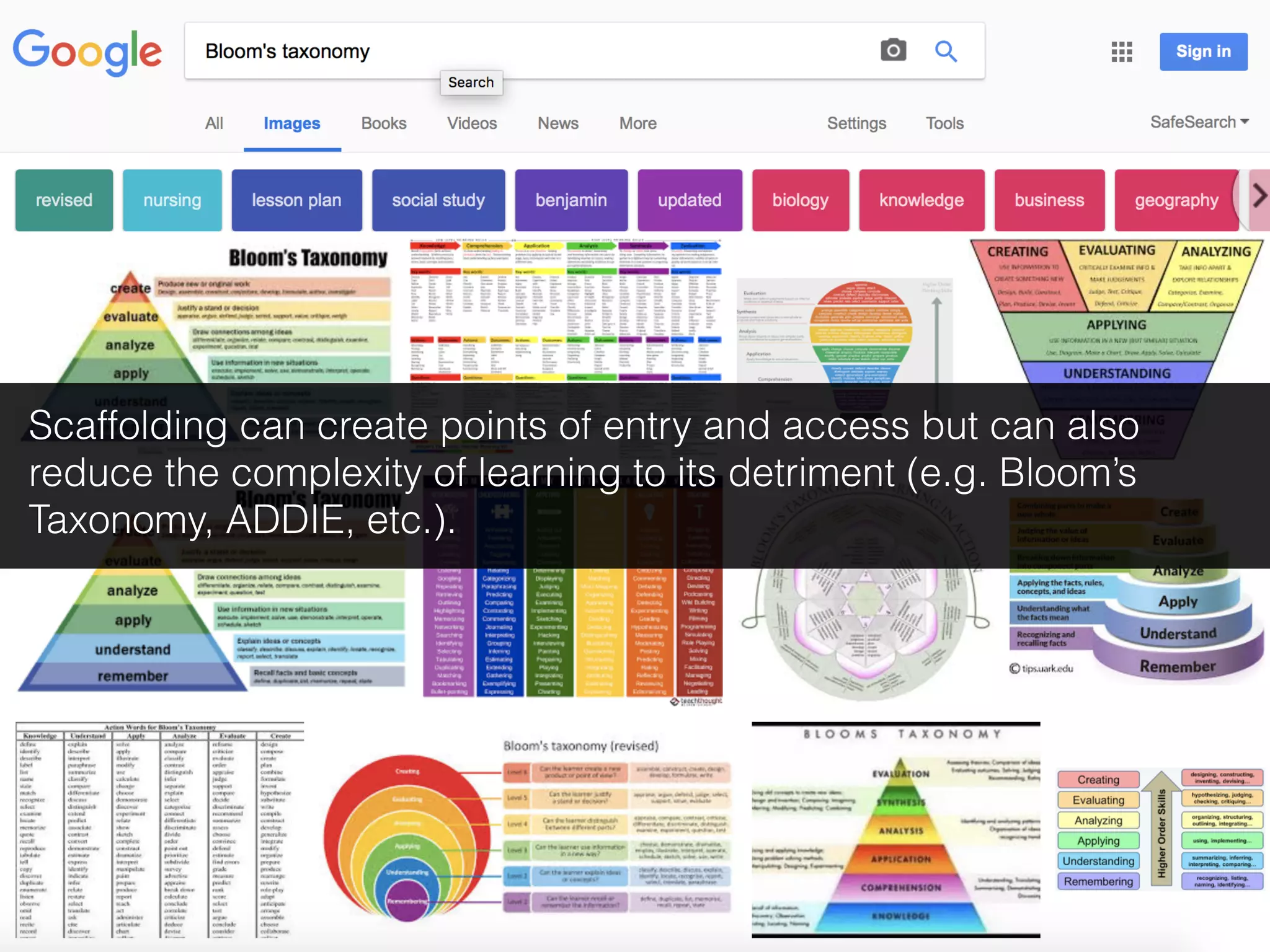 Scaffolding can create points of entry and access but can also
reduce the complexity of learning to its detriment (e.g. Bloom’s
Taxonomy, ADDIE, etc.).
 