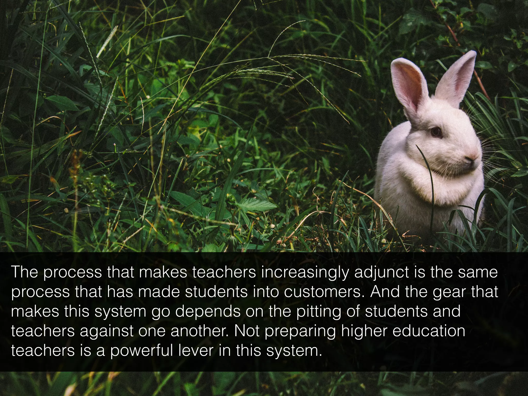 The process that makes teachers increasingly adjunct is the same
process that has made students into customers. And the gear that
makes this system go depends on the pitting of students and
teachers against one another. Not preparing higher education
teachers is a powerful lever in this system.
 