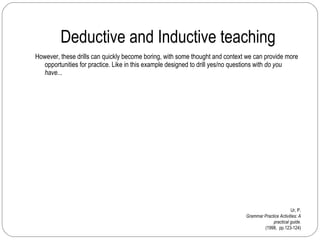 Deductive and Inductive teaching However, these drills can quickly become boring, with some thought and context we can provide more opportunities for practice. Like in this example designed to drill yes/no questions with  do you have... Ur, P. Grammar Practice Activities: A practical guide. (1998,  pp.123-124) 