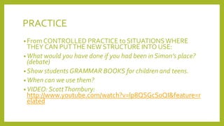 PRACTICE
• From CONTROLLED PRACTICE to SITUATIONS WHERE

THEY CAN PUT THE NEW STRUCTURE INTO USE:
• What would you have done if you had been in Simon’s place?
(debate)
• Show students GRAMMAR BOOKS for children and teens.
• When can we use them?
• VIDEO: Scott Thornbury:
http://www.youtube.com/watch?v=lp8QSGcS0QI&feature=r
elated

 