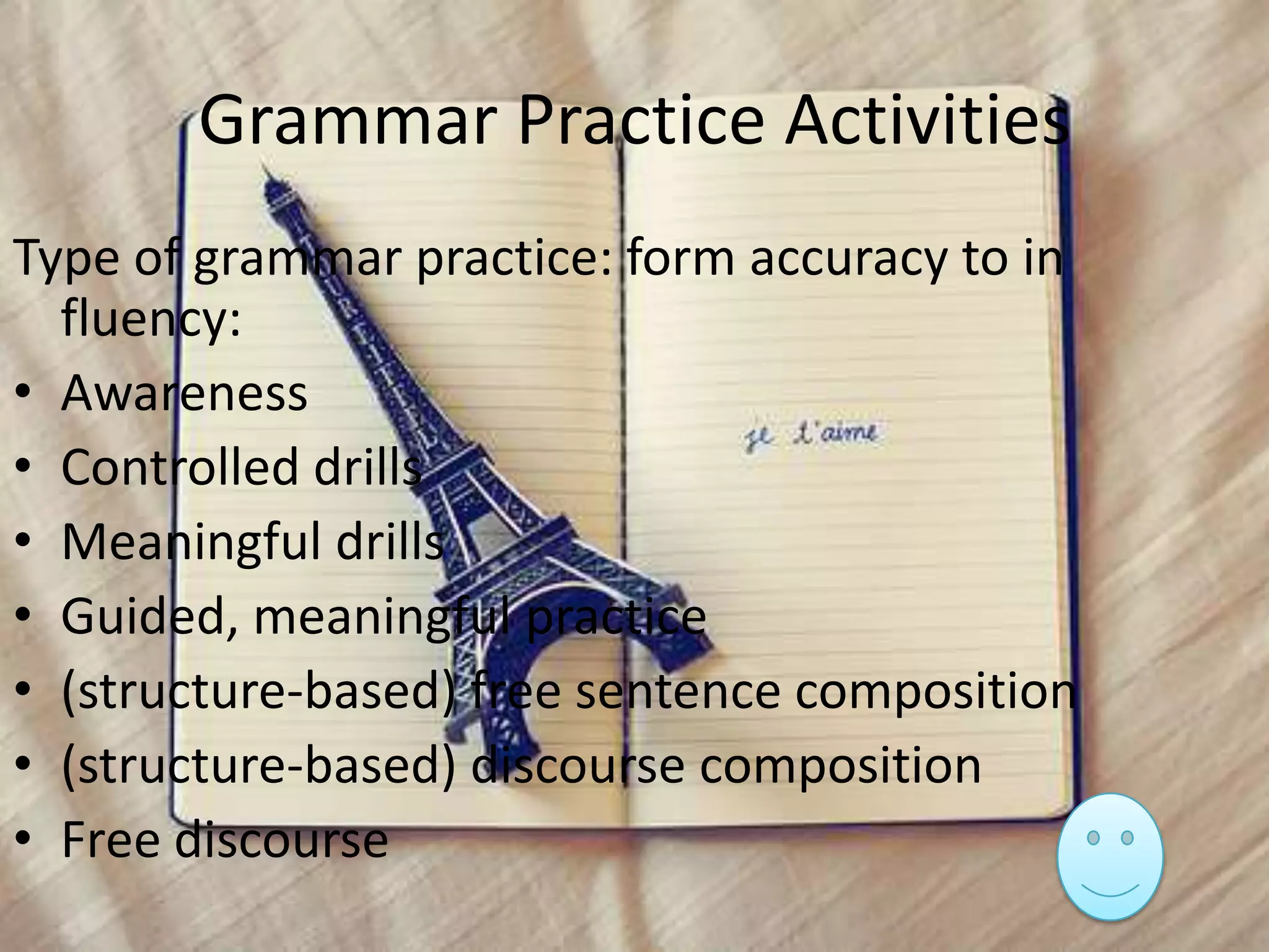 Grammar Practice Activities
Type of grammar practice: form accuracy to in
fluency:
• Awareness
• Controlled drills
• Meaningful drills
• Guided, meaningful practice
• (structure-based) free sentence composition
• (structure-based) discourse composition
• Free discourse

 