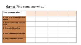 Game: ‘Find someone who…’
‘Find someone who…’
1. Used to go to primary school
by bike.
2. Didn’t use to watch cartoons
on T.V.
3. Be afraid of travelling
4. Didn’t like to study in groups
5. Didn’t use to have friends
 