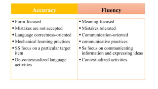 Accuracy
 Form-focused
 Mistakes are not accepted
 Language correctness-oriented
 Mechanical learning practices
 SS focus on a particular target
item
 De-contextualized language
activities
Fluency
 Meaning-focused
 Mistakes tolerated
 Communication-oriented
 communicative practices
 Ss focus on communicating
information and expressing ideas
 Contextualized activities
 