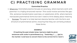 C ) P R A C T I S I N G G R A M M A R
Controlled Practice
What It Is: Controlled practice focuses on accuracy, where learners work with
grammar in a highly structured manner. This could involve activities like gap-
fills, sentence transformation exercises, or substitution drills, where learners
manipulate grammatical forms but don’t need to think deeply about meaning.
Purpose: The goal is to help learners become familiar with the form and
structure of grammatical points, ensuring that they can correctly produce
these forms.
EXAMPLE:
If teaching the past simple tense, learners might be given
sentences with verbs in parentheses (e.g., "Yesterday, I ____ (go) to
the market.") and have to convert them to the correct form ("went").
 