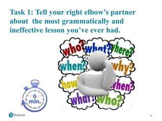 Task 1: Tell your right elbow’s partner
about the most grammatically and
ineffective lesson you’ve ever had.
6
 