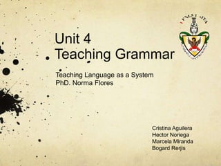 Unit 4
Teaching Grammar
Teaching Language as a System
PhD. Norma Flores

Cristina Aguilera
Hector Noriega
Marcela Miranda
Bogard Rerjis

 