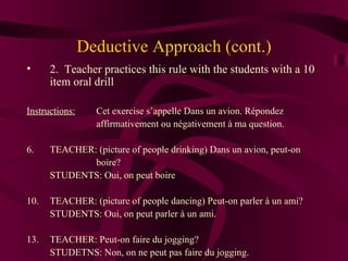 Deductive Approach (cont.) 2.  Teacher practices this rule with the students with a 10 item oral drill Instructions:   Cet exercise s’appelle Dans un avion. R épondez  affirmativement ou négativement à ma question. TEACHER: (picture of people drinking) Dans un avion, peut-on  boire? STUDENTS: Oui, on peut boire TEACHER: (picture of people dancing) Peut-on parler  à un ami ? STUDENTS: Oui, on peut parler  à un ami . TEACHER: Peut-on faire du jogging? STUDETNS: Non, on ne peut pas faire du jogging. 