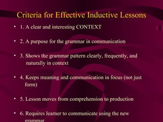 Criteria for Effective Inductive Lessons 1. A clear and interesting CONTEXT 2. A purpose for the grammar in communication 3. Shows the grammar pattern clearly, frequently, and  naturally in context 4. Keeps meaning and communication in focus (not just  form) 5. Lesson moves from comprehension to production 6. Requires learner to communicate using the new  grammar 