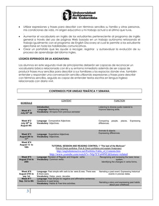 Utilizar expresiones y frases para describir con términos sencillos su familia y otras personas,
    mis condiciones de vida, mi origen educativo y mi trabajo actual o el último que tuve.
    .
    Aumentar el vocabulario en inglés de los estudiantes perteneciente al programa de inglés
    general a través del uso de páginas Web basado en un trabajo autónomo reforzando el
    trabajo igualmente con el programa de English Discovery el cual le permite a los estudiante
    ejercitarse en toda las habilidades comunicativas.
    Crear un portafolio que les ayude a recoger, registrar y autoevaluar la evolución de su
    proceso de aprendizaje del idioma ingles.

LOGROS ESPERADOS DE LA ASIGNATURA:

Los alumnos en este segundo nivel de principiantes deberán ser capaces de reconocer un
vocabulario básico relacionado con él y su entorno inmediato además de ser capaz de
producir frases muy sencillas para describir a sus familiares y los espacios donde vive, también
entender y responder una conversación sencilla utilizando expresiones y frases para describir
con términos sencillos, seguido es capaz de entender textos escritos en lengua inglesa
relacionado con diario vivir.


                              CONTENIDOS POR UNIDAD TEMÁTICA Y SEMANA:


                                           CONTENT                                                 FUNCTION
 SCHEDULE
                  Introduction                                                    Listening to diverse audio material to
                   Language: Reinforcing Listening                                improve listening skills.
  Week N°1
                  Vocabulary: All topics from previous semester
 July 23rd 28


  Week N°2        Language: Comparative Adjectives                                Comparing people,         places,   Expressing
 July 30th to     Vocabulary: Adjectives.                                         differences.
 August 4th

                                                                                  Animals & objects.
                                                                                  Expressing differences.
 Week N°3         Language: Superlative Adjectives
August 6th to     Vocabulary: Adjectives.
    11th
 Week N°4
August 13 to
                                 TUTORIAL SESSION AND READING CONTROL 1 “The last of the Mohican”
   18th
                                    Pick & Check portfolios Pick & Check portfolios and explain finalproject
                                      http://englishinteractive.net/Portfolio/Table_of_Contents.htm
                               http://www.youtube.com/watch?v=Nlp7EYn44NU&feature=related
  Week N°5        Language: Revision of Regular and Irregular verbs                Recognizing and reviewing the basic tense
August 21st to    Vocabulary: Common verbs.                                                          system.
    25th          .                                                                 Identifying the changes in verbs forms.



  Week N°6        Language: Past simple with verb to be: were & was. There was    Narrating a past event. Expressing historical
August 27th to    & there were.                                                             events in precise dates.
   sep 1st        Vocabulary: Dates, years, decades
  Week N°7        Language: Past Simple for negative and affirmative sentences.
Sep. 3rd to 8th   Questions in past tense.
                                                                                  Narrating a story and expressing past habits
                  Vocabulary: Habits & Free time activities.
                                                                                             about your childhood.


       3
 