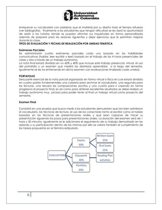 enriquecer su vocabulario con palabras que el material por su diseño todo el tiempo refuerza
(ver bibliografía), finalmente a los estudiantes que tengan dificultad se les dará la oportunidad
de asistir a las tutorías donde se puedan afrontar sus inquietudes en forma personalizada
además de preparar para las sesiones siguientes y dejar ejercicios que le permitan mejorar
durante la clase.
TIPOS DE EVALUACIÓN Y FECHAS DE REALIZACIÓN POR UNIDAD TEMÁTICA

Exámenes Parciales
Se administrarán cuatro exámenes parciales cada uno basado en las habilidades
comunicativas (hablar, leer escribir y leer) basado en el trabajo de las 4 horas presenciales de
clase y otro a través de un trabajo autónomo.
La nota final estará dividida en un 60% y 40% que incluye este trabajo presencial, virtual, el uso
del portafolio y un examen que medirá las destrezas aprendidas a lo largo del semestre,
igualmente se les ira entrenando en dicho examen con evaluaciones finalizado cada unidad.

PORTAFOLIO
Sera parte esencial de la nota parcial organizado en forma virtual o físico el cual estará dividido
en cuatro partes fundamentales una carpeta para archivar el vocabulario, una segunda para
las lecturas, una tercera las composiciones escritos y una cuarta para ir creando en forma
progresiva el proyecto final; es así como para obtener excelentes resultados se debe realizar un
trabajo autónomo muy juicioso para poder tener al final un trabajo virtual como proyecto del
semestre.

Examen Final

Consistirá en una prueba que busca medir si los estudiantes demuestren que tan bien asimilaron
el vocabulario, las técnicas de lectura, el uso de los conectores tanto al escribir como al hablar
basados en las técnicas de presentaciones orales y que sean capaces de hacer su
presentación siguiendo los pasos para presentaciones orales. La duración del examen será de 1
hora y 30 minutos. Igualmente se le adicionara el seguimiento de su trabajo demostrado en las
sesiones y su participación dentro de las mismas por ello se valora también el cumplimiento de
las tareas propuestas en el término estipulado

                                                              Written Exam
                                              Exams               25%
                                               50%             Oral Exam
                                                                  25%
                        EVALUATION          Classwork         Reading Plan
                                               30%              activities
                                             Portfolio
                                               20%




      6
 