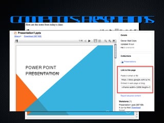 Google Docs: Presentations One of the most faithful ways to transfer a PowerPoint presentation to the web is through Google Docs or other sites that allow you to embed actual slides with with animations, etc. Services include: http://docs.google.com   http://slideshare.com   