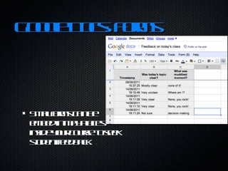 Google Docs: Forms Small forms can be embed in may places inside your course to seek student feedback. 