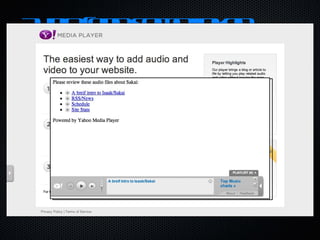 Audio (and some linked video) Yahoo's Media player  http://mediaplayer.yahoo.com/  can be added wherever the <script> tag is allowed. Once the script is added any links to an MP3 file, etc are playable on the web page. <script type="text/javascript" src=" http://webplayer.yahooapis.com/player.js "></script> 