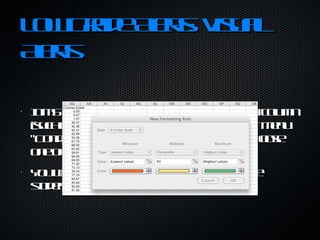 Low Grade Alerts: Visual Alerts In MS Excel or Google Docs select the relevant column (such as final grade), choose from the "Format" menu "Conditional Formatting", click to add a rule, choose one of the colour options and add it. You will then get colour based alerts behind the students relevant column. 