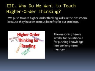 III. Why Do We Want to Teach 
Higher-Order Thinking? 
We push toward higher-order thinking skills in the classroom 
because they have enormous benefits for our students. 
The reasoning here is 
similar to the rationale 
for pushing knowledge 
into our long-term 
memory. 
 