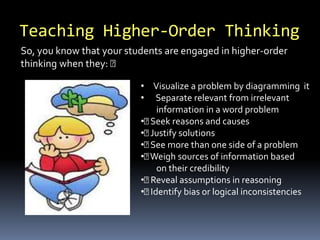 Teaching Higher-Order Thinking 
So, you know that your students are engaged in higher-order 
thinking when they: 
• Visualize a problem by diagramming it 
• Separate relevant from irrelevant 
information in a word problem 
• Seek reasons and causes 
• Justify solutions 
• See more than one side of a problem 
• Weigh sources of information based 
on their credibility 
• Reveal assumptions in reasoning 
• Identify bias or logical inconsistencies 
 