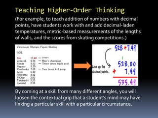 Teaching Higher-Order Thinking 
(For example, to teach addition of numbers with decimal 
points, have students work with and add decimal-laden 
temperatures, metric-based measurements of the lengths 
of walls, and the scores from skating competitions.) 
By coming at a skill from many different angles, you will 
loosen the contextual grip that a student’s mind may have 
linking a particular skill with a particular circumstance. 
 