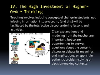 IV. The High Investment of Higher- 
Order Thinking 
Teaching involves inducing conceptual change in students, not 
infusing information into a vacuum, [and this] will be 
facilitated by the interactive discourse during lessons and 
activities. 
Clear explanations and 
modeling from the teacher are 
important, but so are 
opportunities to answer 
questions about the content, 
discuss or debate its meanings 
and implications, or apply it in 
authentic problem-solving or 
decision-making contexts 
 