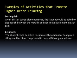 Examples of Activities that Promote 
Higher Order Thinking 
Distinguish: 
Given a list of paired element names, the student could be asked to 
distinguish between the metallic and non-metallic element in each 
pair. 
Estimate: 
The student could be asked to estimate the amount of heat given 
off by one liter of air compressed to one-half its original volume. 
 