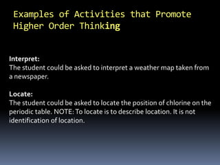 Examples of Activities that Promote 
Higher Order Thinking 
Interpret: 
The student could be asked to interpret a weather map taken from 
a newspaper. 
Locate: 
The student could be asked to locate the position of chlorine on the 
periodic table. NOTE: To locate is to describe location. It is not 
identification of location. 
 