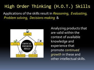 Applications of the skills result in Reasoning, Evaluating,
Problem solving, Decisions making &
High Order Thinking (H.O.T.) Skills
Analyzing products that
are valid within the
context of available
knowledge and
experience that
promote continued
growth in these and
other intellectual skills.
 