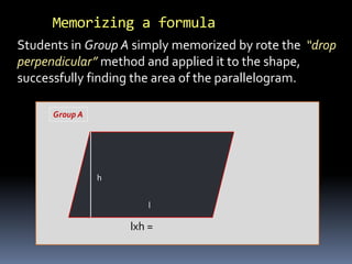 Group A
lxh =
l
h
Students in Group A simply memorized by rote the “drop
perpendicular” method and applied it to the shape,
successfully finding the area of the parallelogram.
Memorizing a formula
 