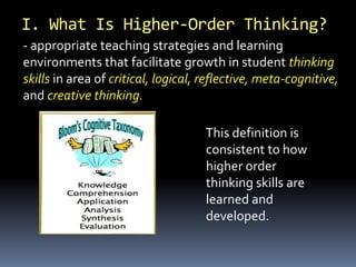 I. What Is Higher-Order Thinking?
This definition is
consistent to how
higher order
thinking skills are
learned and
developed.
- appropriate teaching strategies and learning
environments that facilitate growth in student thinking
skills in area of critical, logical, reflective, meta-cognitive,
and creative thinking.
 