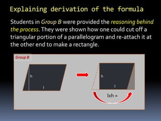 Students in Group B were provided the reasoning behind
the process.They were shown how one could cut off a
triangular portion of a parallelogram and re-attach it at
the other end to make a rectangle.
Group B
lxh =
h
l
h
l
Explaining derivation of the formula
 