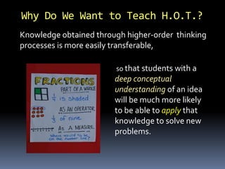 Why Do We Want to Teach H.O.T.?
so that students with a
deep conceptual
understanding of an idea
will be much more likely
to be able to apply that
knowledge to solve new
problems.
Knowledge obtained through higher-order thinking
processes is more easily transferable,
 