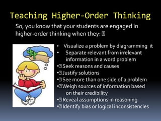 Teaching Higher-Order Thinking
So, you know that your students are engaged in
higher-order thinking when they:
• Visualize a problem by diagramming it
• Separate relevant from irrelevant
information in a word problem
• Seek reasons and causes
• Justify solutions
• See more than one side of a problem
• Weigh sources of information based
on their credibility
• Reveal assumptions in reasoning
• Identify bias or logical inconsistencies
 