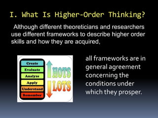 I. What Is Higher-Order Thinking?
Although different theoreticians and researchers
use different frameworks to describe higher order
skills and how they are acquired,
all frameworks are in
general agreement
concerning the
conditions under
which they prosper.
 
