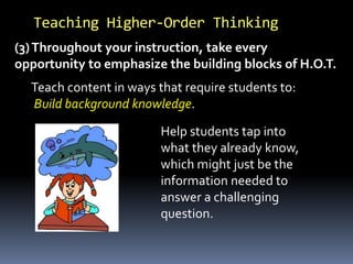 (3)Throughout your instruction, take every
opportunity to emphasize the building blocks of H.O.T.
Teaching Higher-Order Thinking
Help students tap into
what they already know,
which might just be the
information needed to
answer a challenging
question.
Teach content in ways that require students to:
Build background knowledge.
 