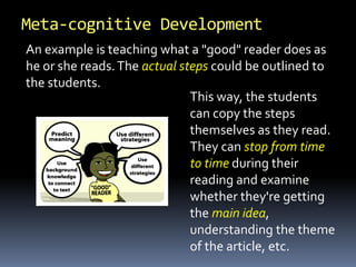 This way, the students
can copy the steps
themselves as they read.
They can stop from time
to time during their
reading and examine
whether they're getting
the main idea,
understanding the theme
of the article, etc.
Meta-cognitive Development
An example is teaching what a "good" reader does as
he or she reads.The actual steps could be outlined to
the students.
 