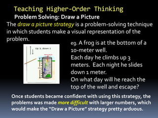 Teaching Higher-Order Thinking
eg. A frog is at the bottom of a
10-meter well.
Each day he climbs up 3
meters. Each night he slides
down 1 meter.
On what day will he reach the
top of the well and escape?
Once students became confident with using this strategy, the
problems was made more difficult with larger numbers, which
would make the “Draw a Picture” strategy pretty arduous.
The draw a picture strategy is a problem-solving technique in which students make a visual representation of the problem. For example, the following problem could be
ed by drawing a picture:
The draw a picture strategy is a problem-solving technique
in which students make a visual representation of the
problem.
Problem Solving: Draw a Picture
 