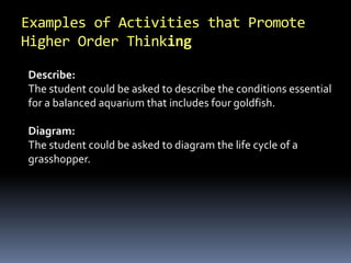 Describe:
The student could be asked to describe the conditions essential
for a balanced aquarium that includes four goldfish.
Diagram:
The student could be asked to diagram the life cycle of a
grasshopper.
Examples of Activities that Promote
Higher Order Thinking
 