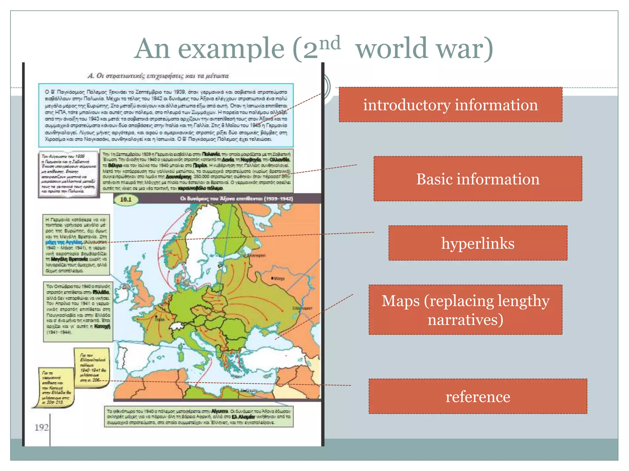 An example (2nd world war)
14
introductory information
Basic information
hyperlinks
reference
Maps (replacing lengthy
narratives)
 