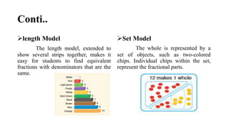 Conti..
length Model
The length model, extended to
show several strips together, makes it
easy for students to find equivalent
fractions with denominators that are the
same.
Set Model
The whole is represented by a
set of objects, such as two-colored
chips. Individual chips within the set,
represent the fractional parts.
 