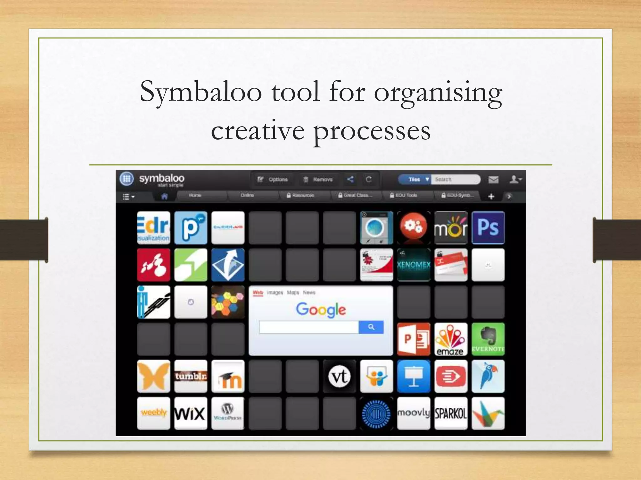Symbaloo tool for organising
creative processes
 