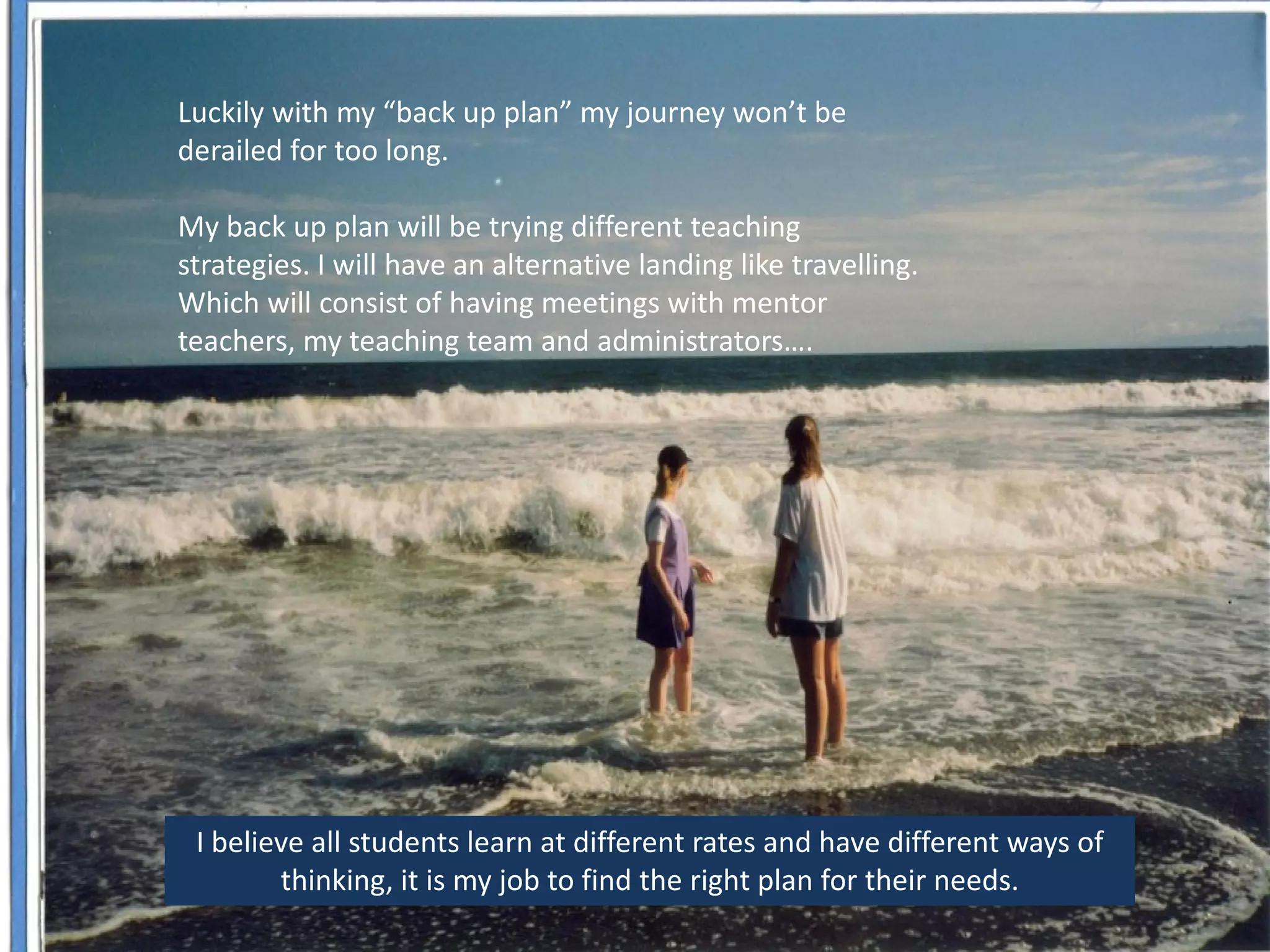 Luckily with my “back up plan” my journey won’t be
derailed for too long.
My back up plan will be trying different teaching
strategies. I will have an alternative landing like travelling.
Which will consist of having meetings with mentor
teachers, my teaching team and administrators….

I believe all students learn at different rates and have different ways of
thinking, it is my job to find the right plan for their needs.

 