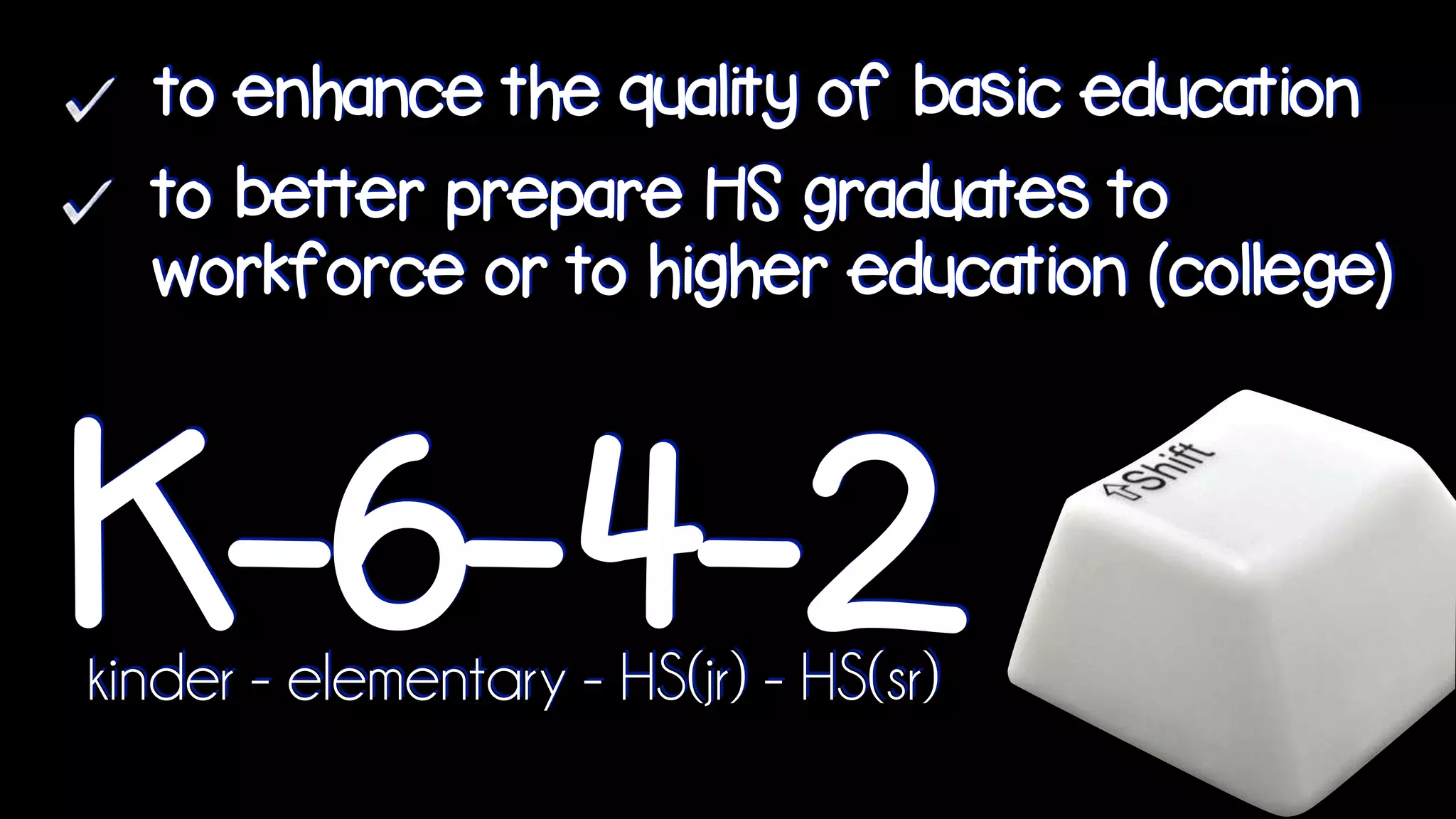 to enhance the quality of basic education
to better prepare HS graduates to
workforce or to higher education (college)
K-6-4-2kinder - elementary - HS(jr) - HS(sr)
 