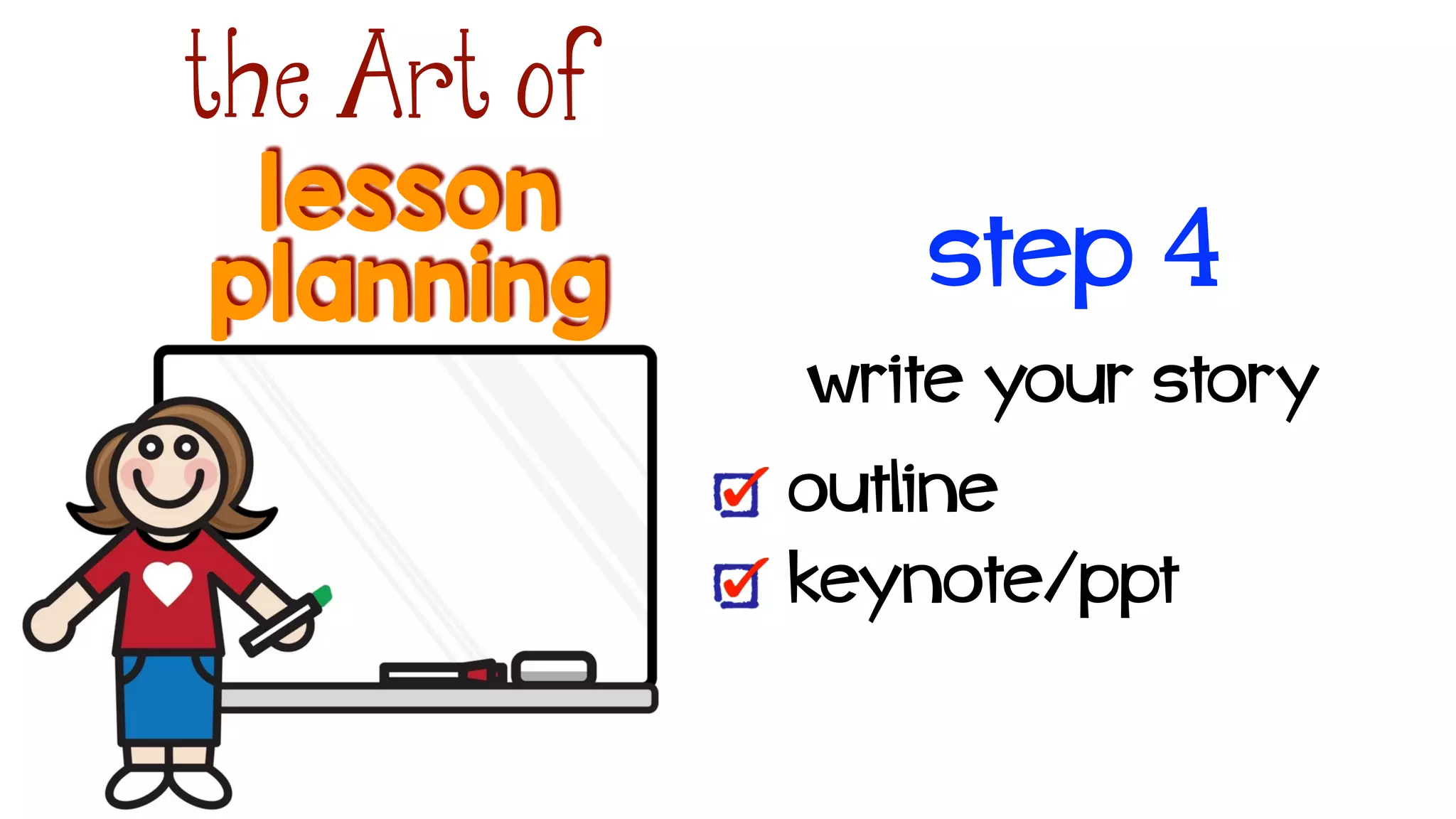 lesson
the Art of
planning
write your story!
outline
keynote/ppt
step 4
 