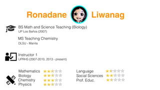 MS Teaching Chemistry
Ronadane Liwanag
BS Math and Science Teaching (Biology)
UP Los Baños (2007)
DLSU - Manila
Instructor 1
UPRHS (2007-2010, 2013 - present)
Mathematics
Biology
Chemistry
Physics
Language
Social Sciences
Prof. Educ.
 