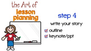 lesson
the Art of
planning
write your story!
outline
keynote/ppt
step 4
 