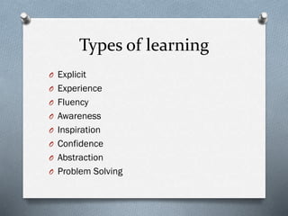 Types of learning
O Explicit
O Experience
O Fluency
O Awareness
O Inspiration
O Confidence
O Abstraction
O Problem Solving
 