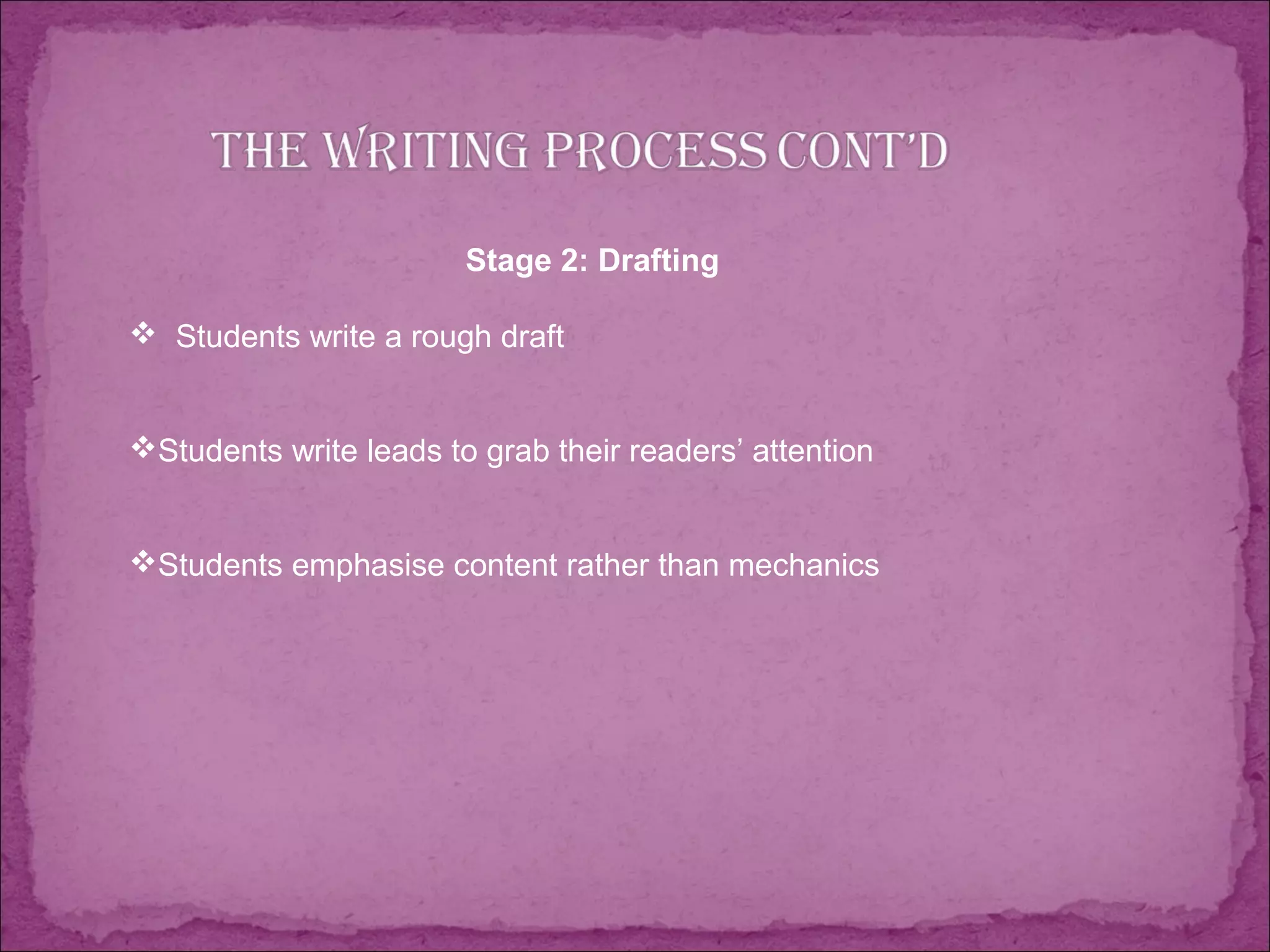 Stage 2: Drafting
 Students write a rough draft
Students write leads to grab their readers’ attention
Students emphasise content rather than mechanics
 