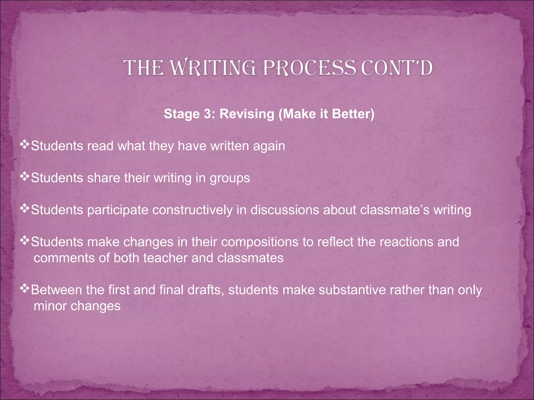 Stage 3: Revising (Make it Better)
Students read what they have written again
Students share their writing in groups
Students participate constructively in discussions about classmate’s writing
Students make changes in their compositions to reflect the reactions and
comments of both teacher and classmates
Between the first and final drafts, students make substantive rather than only
minor changes
 