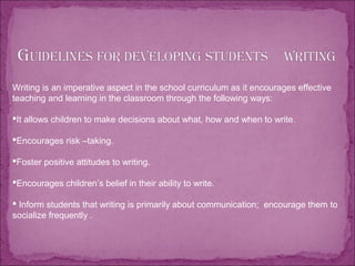 Writing is an imperative aspect in the school curriculum as it encourages effective
teaching and learning in the classroom through the following ways:
It allows children to make decisions about what, how and when to write.
Encourages risk –taking.
Foster positive attitudes to writing.
Encourages children’s belief in their ability to write.
 Inform students that writing is primarily about communication; encourage them to
socialize frequently .
 
