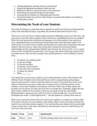 Finding appropriate teaching resources and material
        Organizing appropriate groupings within the class
        Building an effective self-access centre in the classroom
        Determining the individual needs of each student
        Ensuring that all students are challenged and interested
        Enforcing English only policies when teacher is occupied and students are working in
        small groups or pairs

Determining the Needs of your Students
One of the first things you should do when assigned to a multi-level classroom is determine the
needs of the individual members. If possible, this should be done before the first class.

There are a variety of ways to conduct needs assessment, depending on the size of the class, and
your access to an office and a computer. Many schools use a standardized test for new students.
While this may help teachers determine the language level of the students in the multi-level
class, standardized tests cannot determine the personal needs of the individual students. For
small classes it is useful to invite students into the office for a quick chat to determine what your
students' objectives are (ex. improving writing skills, learning conversational English,
understanding of rules and grammar). Students may not know the answer to this, so it is a good
idea to create a list that they can pick from. You may give the option of picking a primary and a
secondary reason. Here are some examples that could be placed in a list for students to choose
from:

        To improve my speaking skills
        To get into college
        To use for travelling
        To become a future teacher
        To learn the rules of grammar
        To please my parents
        Other__________

You should also use this time to explain to your student that there will be other students with
different levels of English in the class and that you will be using partnering and grouping
exercises and activities in order to meet the needs of everyone. If you don't have access to an
office or classroom or you have a large class, you may want to e-mail the question to your
students, or have short telephone conversations with them. When none of these options are
possible, you can always set aside your first class as an intake day. If possible, stagger the start
times of your students by five minutes so that you can speak to each one individually.
Brainstorming in a group may also work if you have a small enough class. In a circle on the
board place the words, "I need English to/for..." and ask students to volunteer their answers.

Make sure to record the needs and level of each of your students in a simple way. Keep a chart
for yourself, and alter it as your students' needs change. Make a conscious effort to monitor the
needs of your individual students regularly. You may find that some students feel uncomfortable
acting as a peer tutor, while others feel that they are focusing too much on a skill that they will
never use in the real world.

Student From           Level            Special needs

Julio      Mexico      Low-             Will be working with tourists in his job as a golf
 