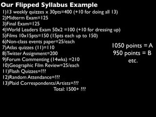 1)13 weekly quizzes x 30pts=400 (+10 for doing all 13)
2)Midterm Exam=125
3)Final Exam=125
4)World Leaders Exam 50x2 =100 (+10 for dressing up)
5)Films 10x15pts=150 (15pts each up to 150)
6)Non-class events paper=25/each
7)Atlas quizzes (11)=110
8)Twitter Assignment=200
9)Forum Commenting (14wks) =210
10)Geographic Film Review=25/each
11)Flash Quizzes=???
12)Random Attendance=???
13)Plaid Correspondents/Artists=???
Total: 1500+ ???
1050 points = A
950 points = B
etc.
Our Flipped Syllabus Example
 